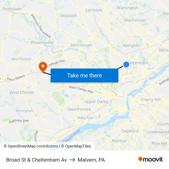 Broad St & Cheltenham Av to Malvern, PA map