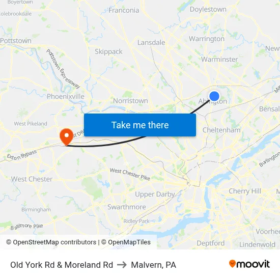 Old York Rd & Moreland Rd to Malvern, PA map