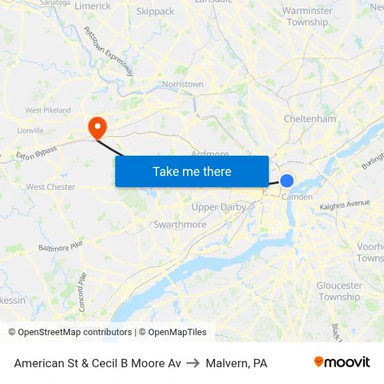 American St & Cecil B Moore Av to Malvern, PA map