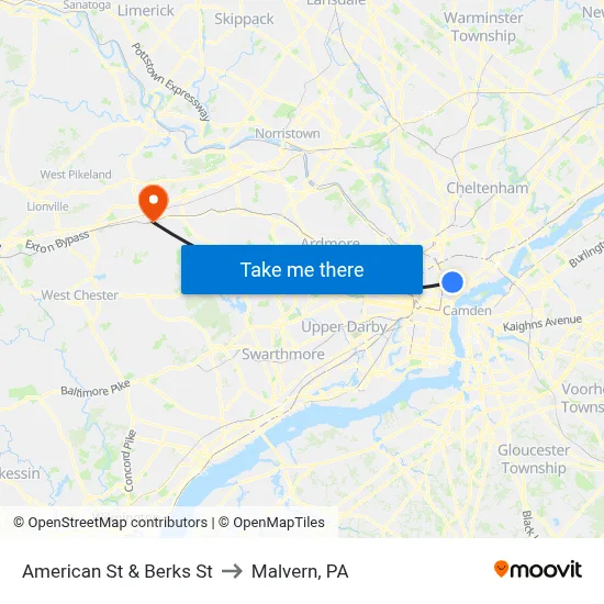 American St & Berks St to Malvern, PA map