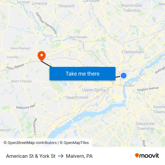 American St & York St to Malvern, PA map