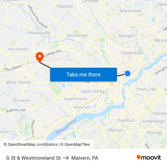 G St & Westmoreland St to Malvern, PA map
