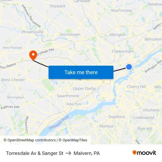 Torresdale Av & Sanger St to Malvern, PA map