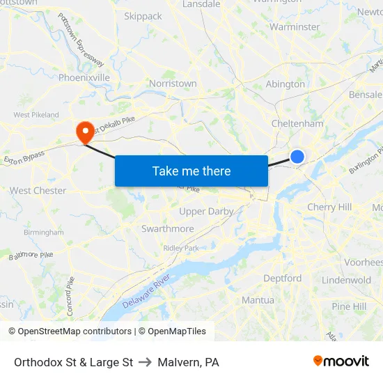 Orthodox St & Large St to Malvern, PA map
