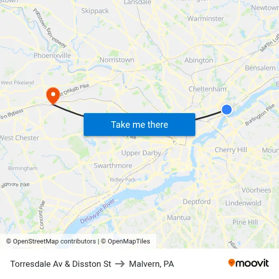 Torresdale Av & Disston St to Malvern, PA map