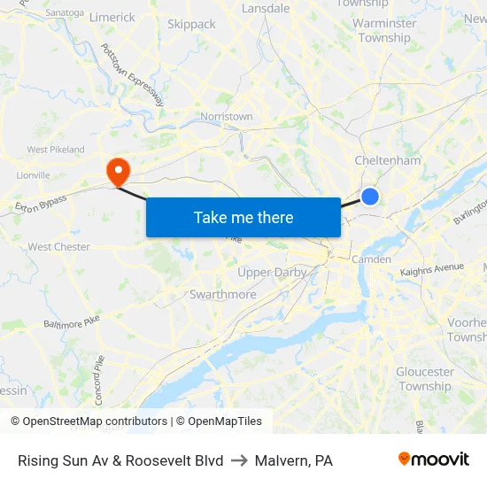 Rising Sun Av & Roosevelt Blvd to Malvern, PA map