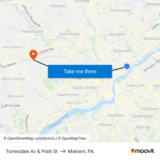 Torresdale Av & Pratt St to Malvern, PA map