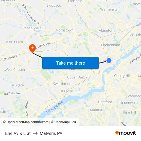 Erie Av & L St to Malvern, PA map