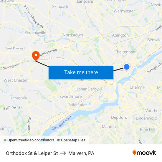 Orthodox St & Leiper St to Malvern, PA map