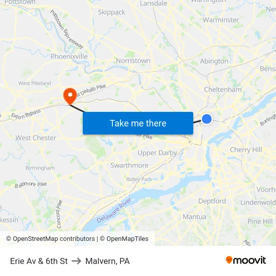 Erie Av & 6th St to Malvern, PA map