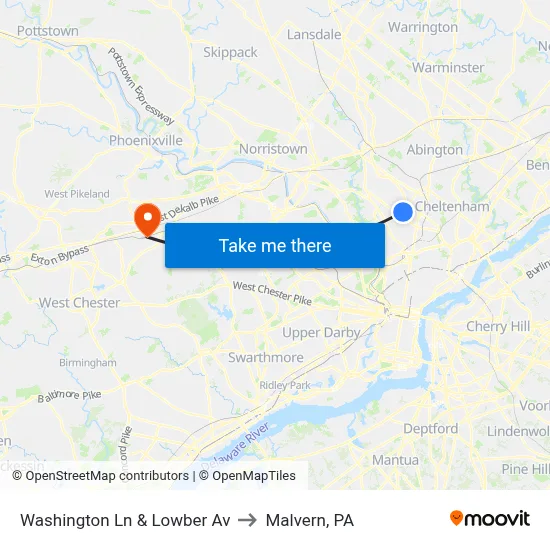 Washington Ln & Lowber Av to Malvern, PA map