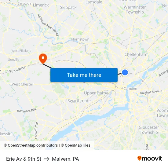 Erie Av & 9th St to Malvern, PA map