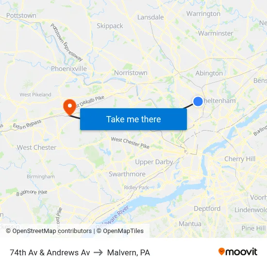 74th Av & Andrews Av to Malvern, PA map