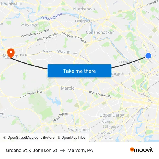 Greene St & Johnson St to Malvern, PA map