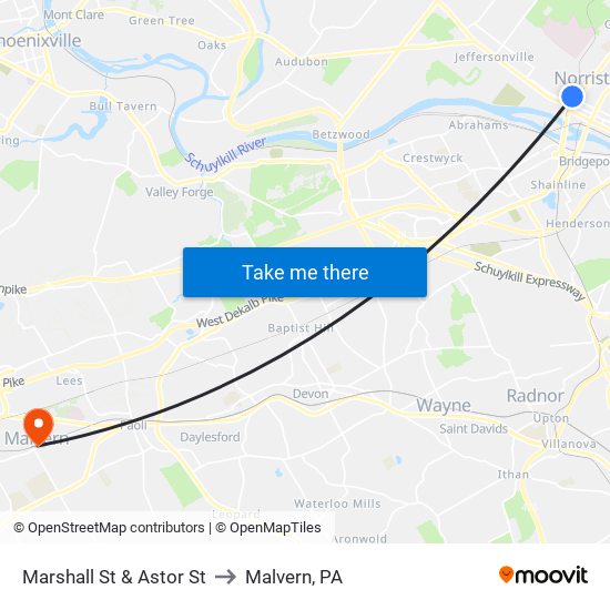 Marshall St & Astor St to Malvern, PA map