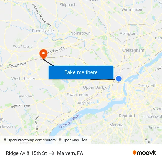 Ridge Av & 15th St to Malvern, PA map