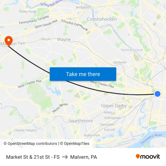 Market St & 21st St - FS to Malvern, PA map