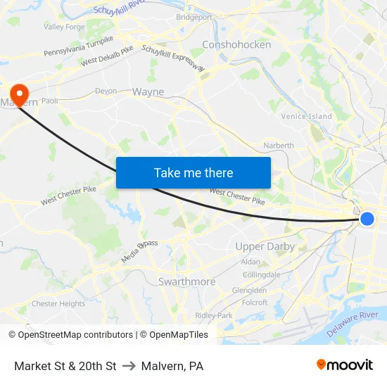Market St & 20th St to Malvern, PA map
