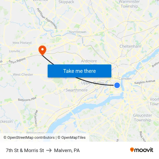 7th St & Morris St to Malvern, PA map