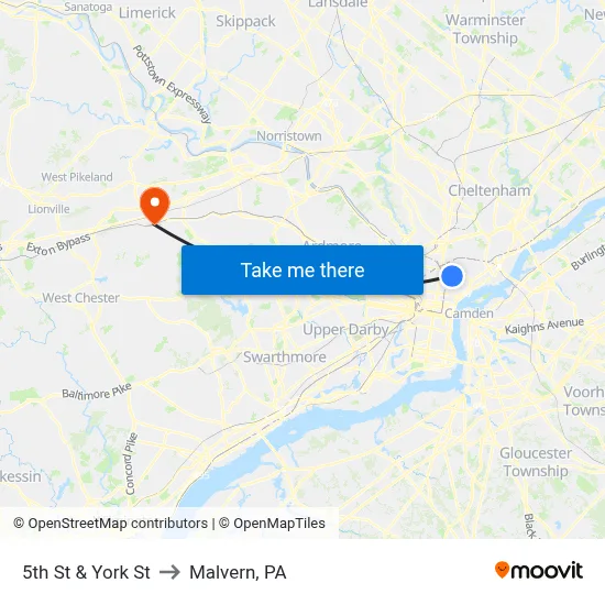 5th St & York St to Malvern, PA map