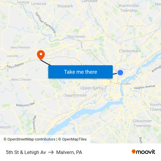 5th St & Lehigh Av to Malvern, PA map
