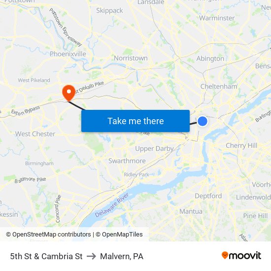 5th St & Cambria St to Malvern, PA map