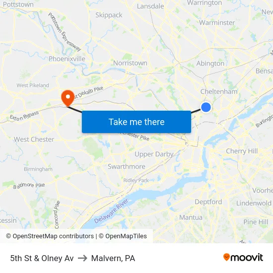 5th St & Olney Av to Malvern, PA map