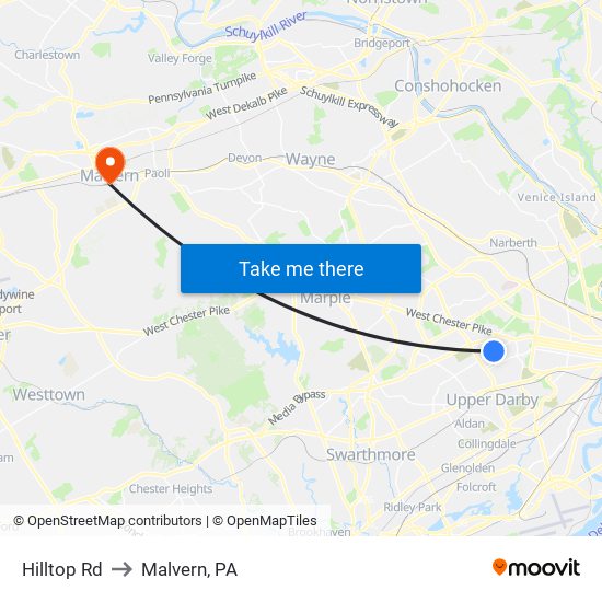 Hilltop Rd to Malvern, PA map