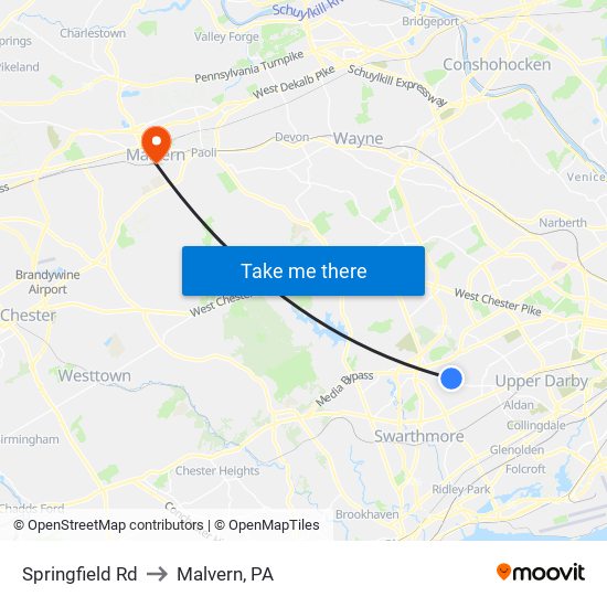 Springfield Rd to Malvern, PA map