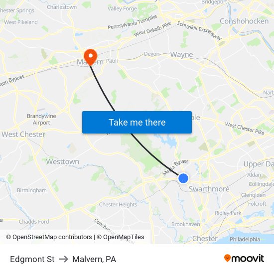 Edgmont St to Malvern, PA map