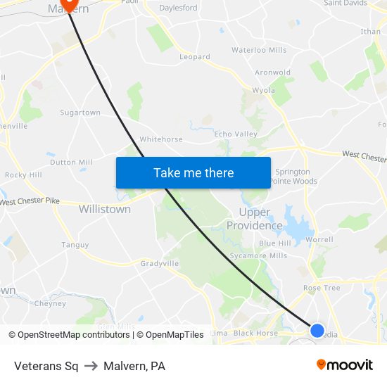 Veterans Sq to Malvern, PA map