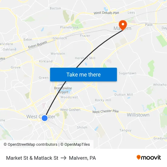 Market St & Matlack St to Malvern, PA map