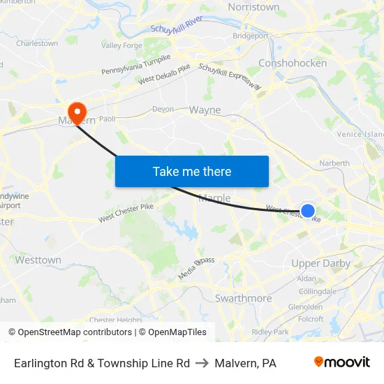 Earlington Rd & Township Line Rd to Malvern, PA map