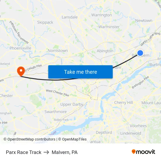 Parx Race Track to Malvern, PA map