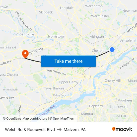 Welsh Rd & Roosevelt Blvd to Malvern, PA map