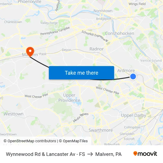 Wynnewood Rd & Lancaster Av - FS to Malvern, PA map