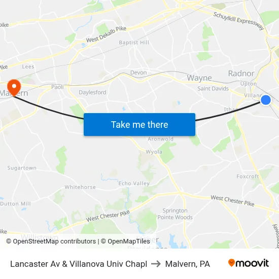 Lancaster Av & Villanova Univ Chapl to Malvern, PA map