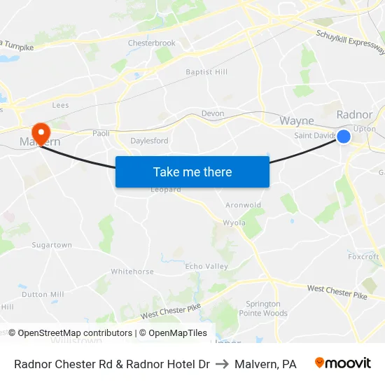 Radnor Chester Rd & Radnor Hotel Dr to Malvern, PA map