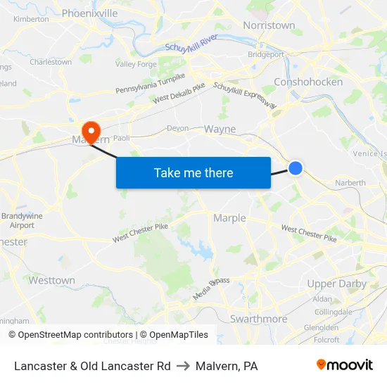 Lancaster & Old Lancaster Rd to Malvern, PA map