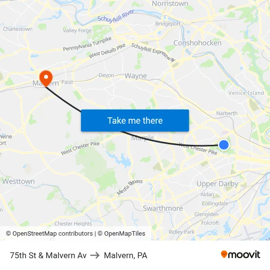 75th St & Malvern Av to Malvern, PA map