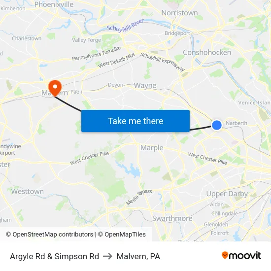 Argyle Rd & Simpson Rd to Malvern, PA map