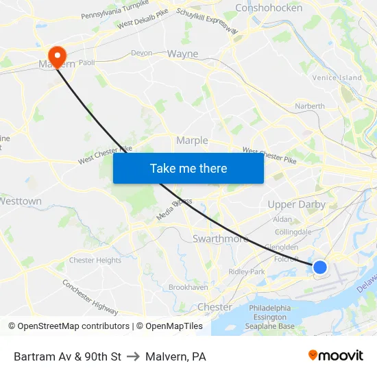 Bartram Av & 90th St to Malvern, PA map
