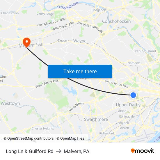Long Ln & Guilford Rd to Malvern, PA map