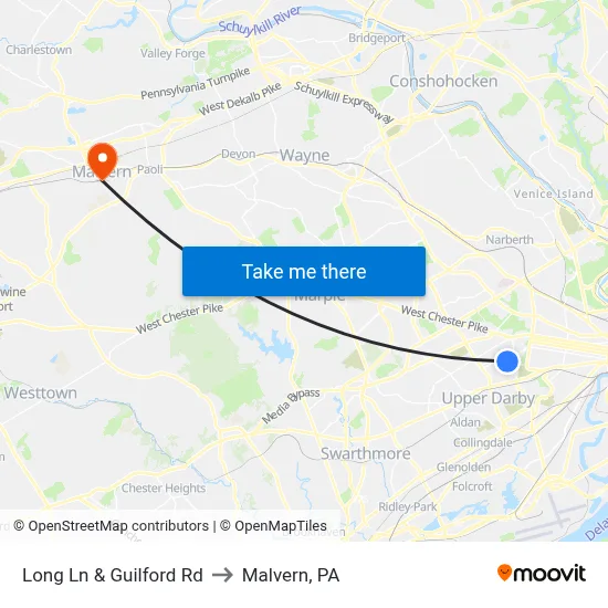 Long Ln & Guilford Rd to Malvern, PA map