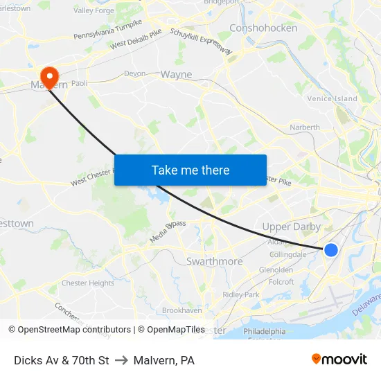 Dicks Av & 70th St to Malvern, PA map