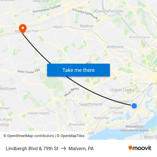 Lindbergh Blvd & 79th St to Malvern, PA map