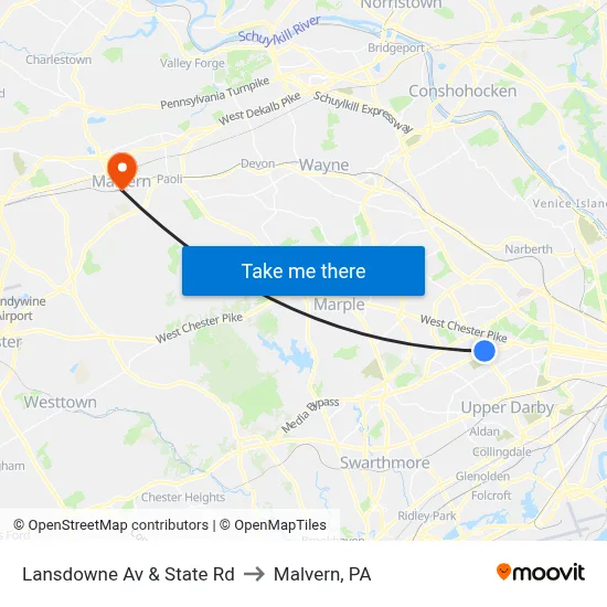 Lansdowne Av & State Rd to Malvern, PA map