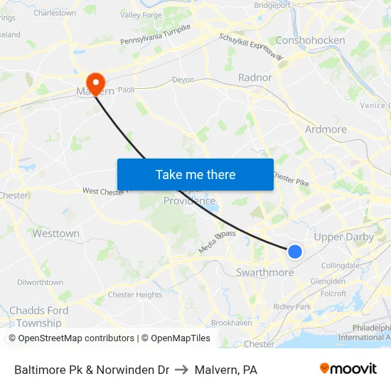Baltimore Pk & Norwinden Dr to Malvern, PA map