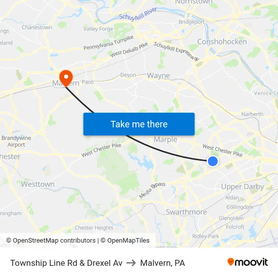 Township Line Rd & Drexel Av to Malvern, PA map