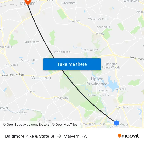 Baltimore Pike & State St to Malvern, PA map